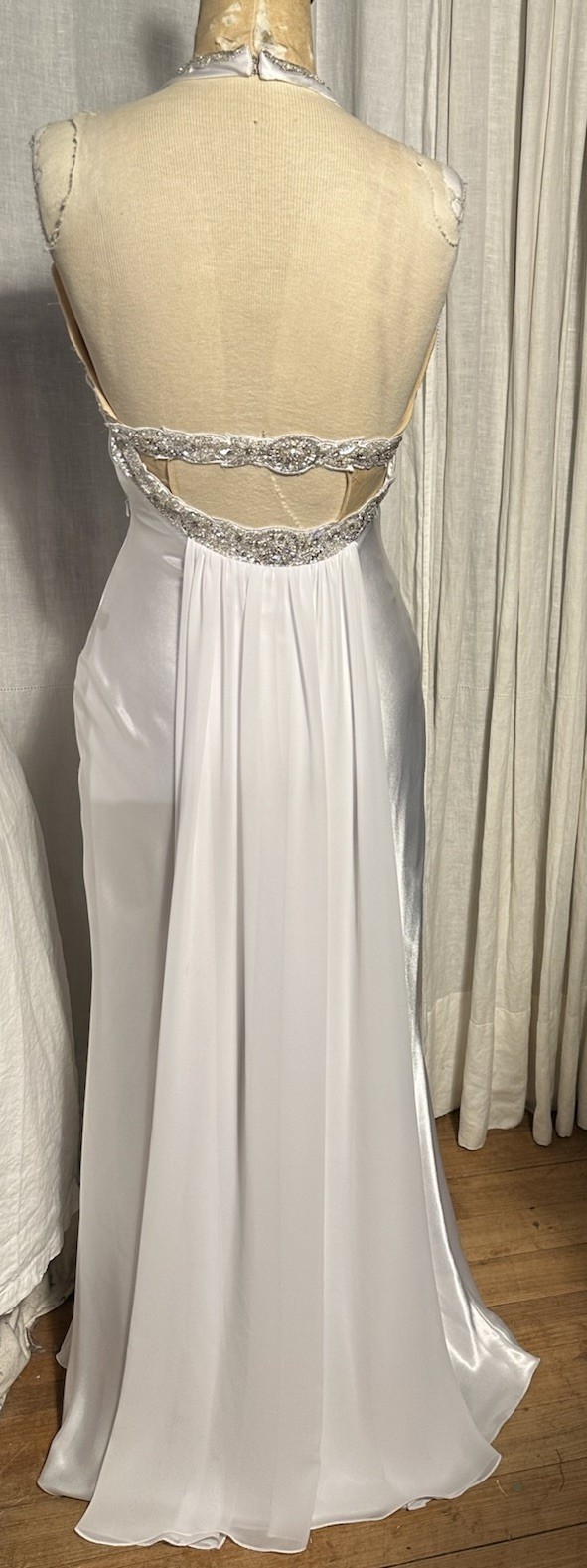 Sean Couture White Satin Silver Beads Ect. Halter L Gown/Wedding Dress SzXXS Use