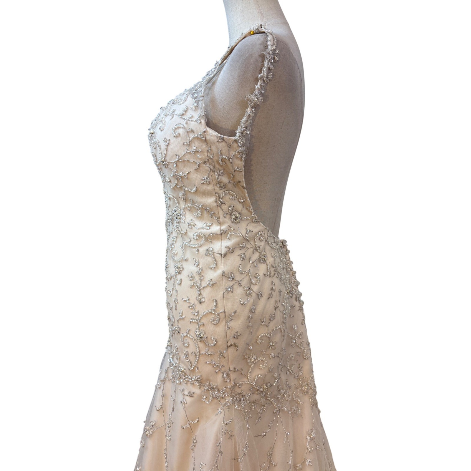 Stella York Wedding Gown 10 Champagne Mermaid Beaded Open Back train drop waist