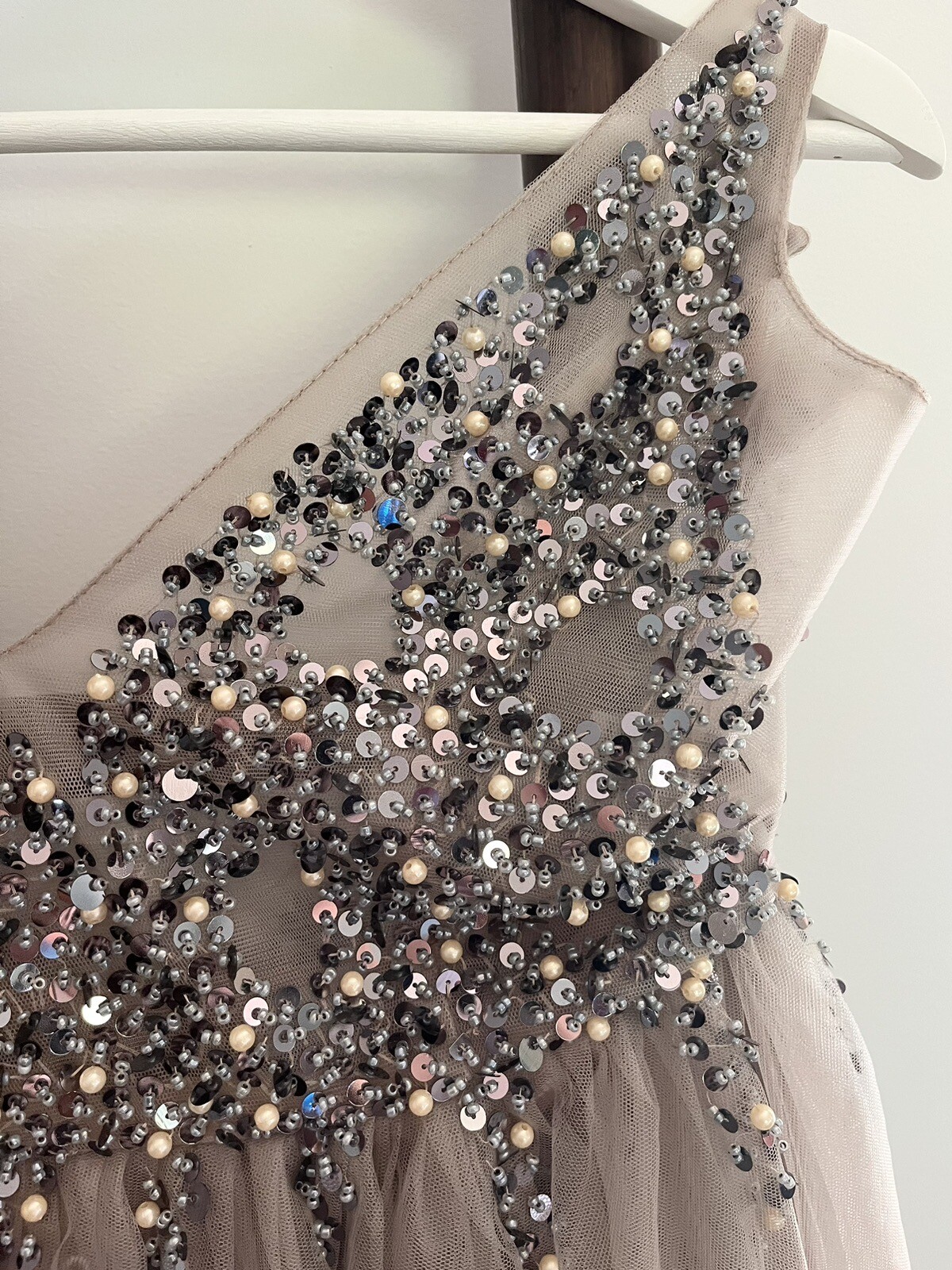 Boho Pearl and Sequin Taupe Tulle Wedding Dress with Slit Bridal Formal Gown