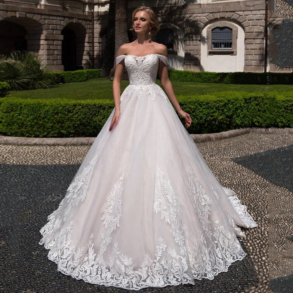 Off Shoulder Lace Wedding Dresses Appliques Backless Sweep Train Bridal Gowns US