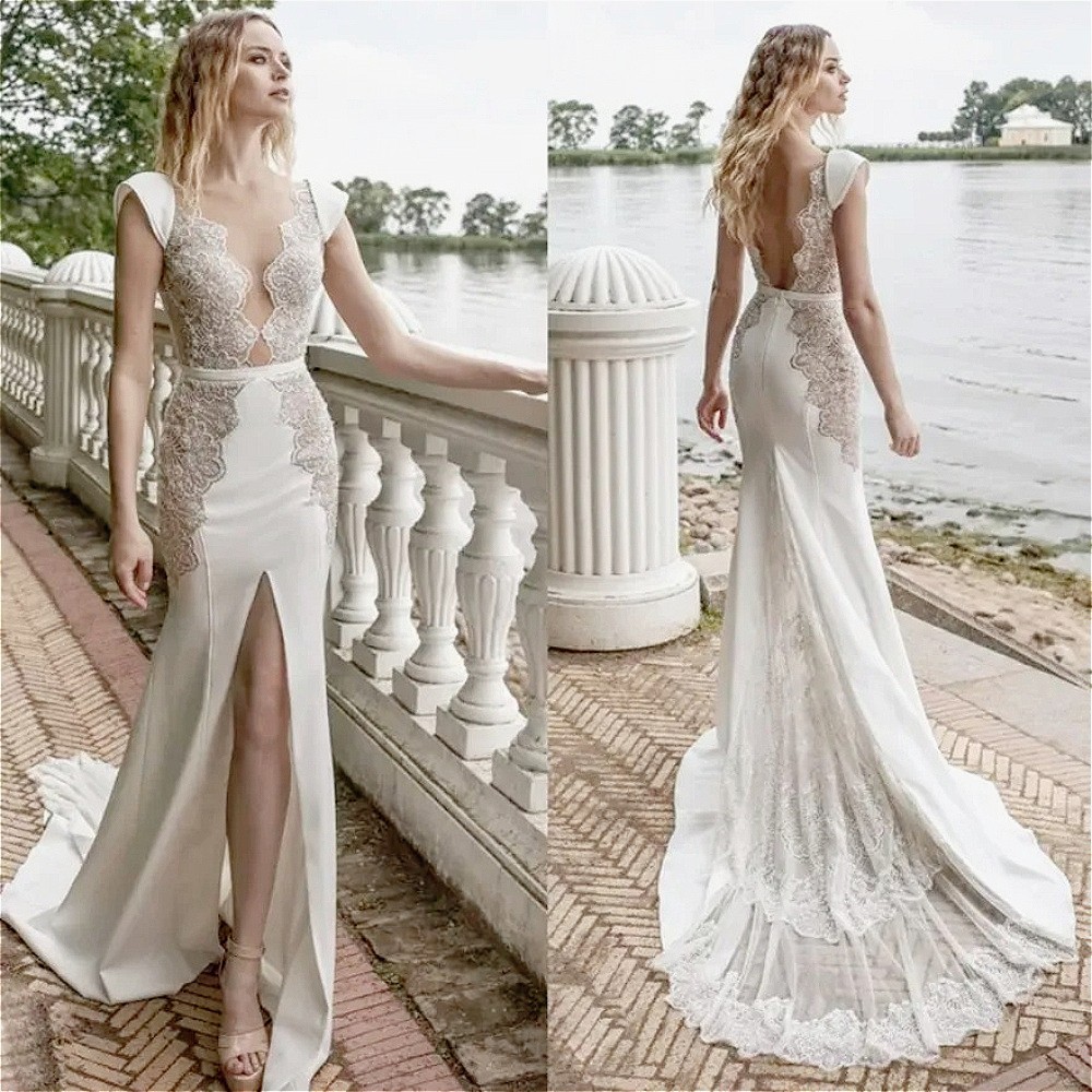 Sexy Front Split Mermaid Wedding Dresses V Neck Lace Applique Satin Bridal Gowns