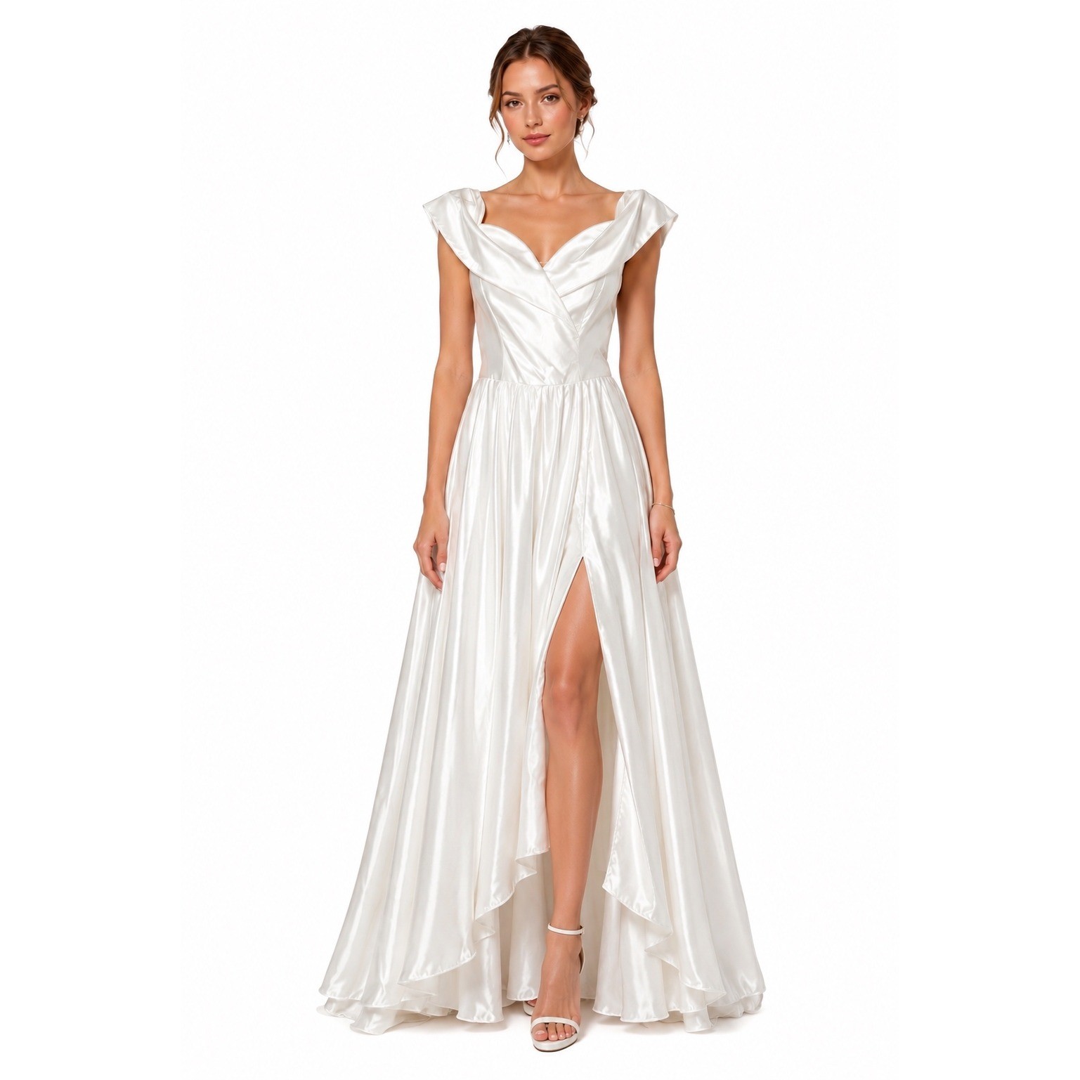Juliet’s Bridal Chanel White Satin Corset Gown Off Shoulder High Slit Dress 28