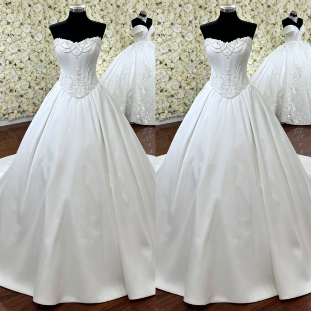Elegant Wedding Dresses Strapless Beading A Line Satin Sweep Train Bridal Gowns