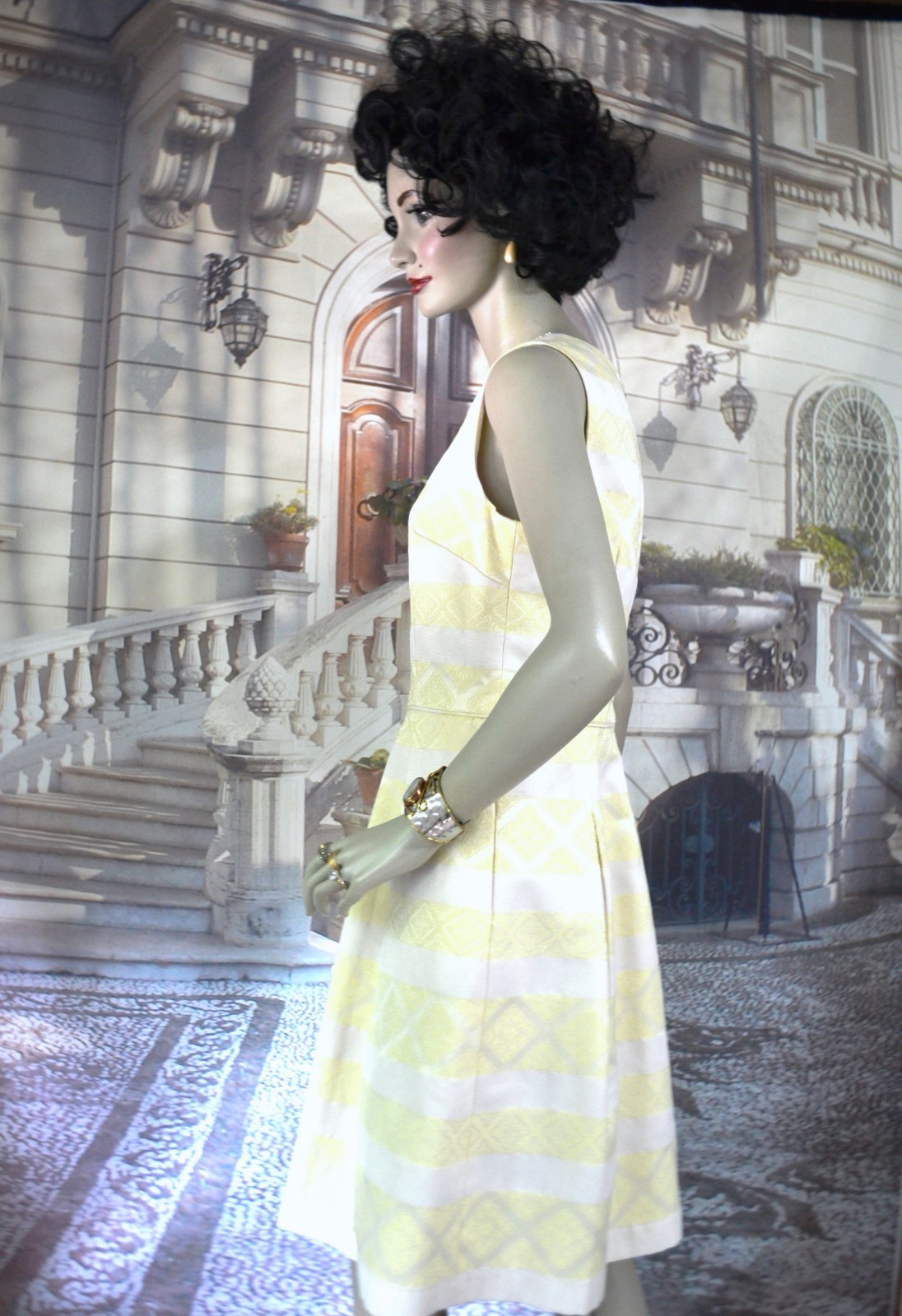 Maggy London Dress Size 8 Yellow White Brocade w/ Pearls Rhinestones New W/ Tags