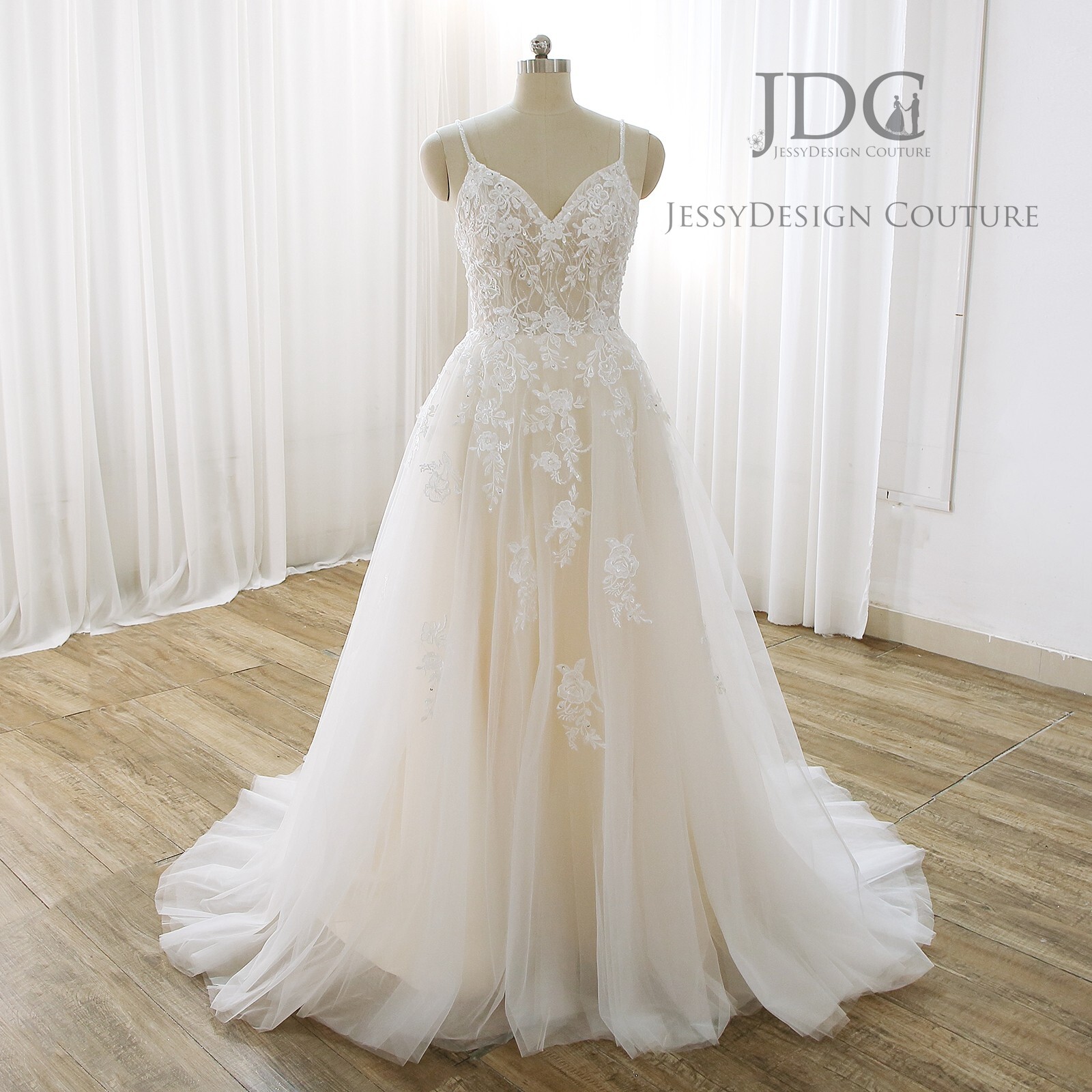 Dreamy Beaded Pearls Bridal Gown Lace Wedding Dress Custom made Ivory Nude