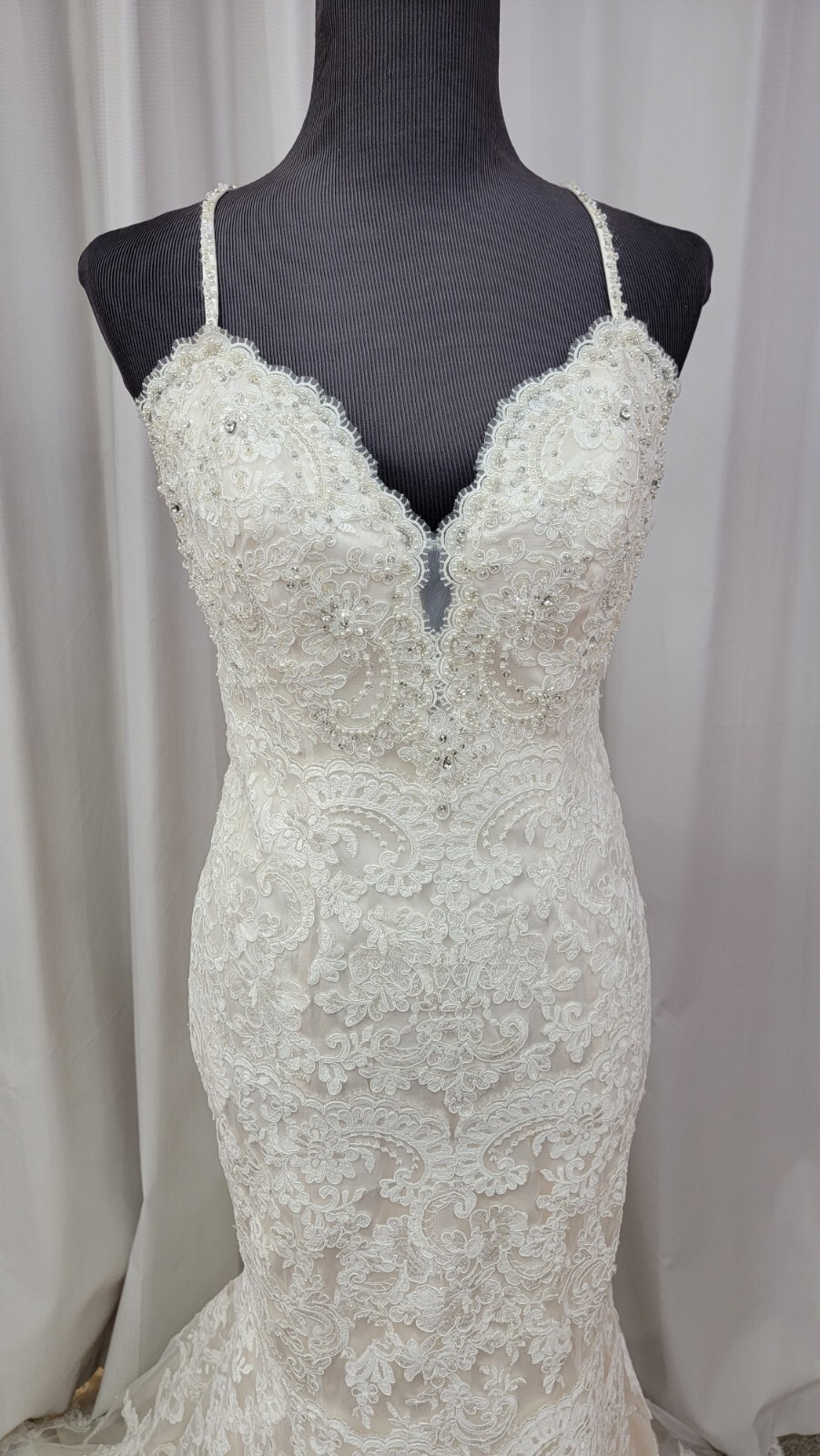 Blu Morilee Bridal 5415 Wedding Dress Sheath Fit Flare Fitted Beach V Neck Lace