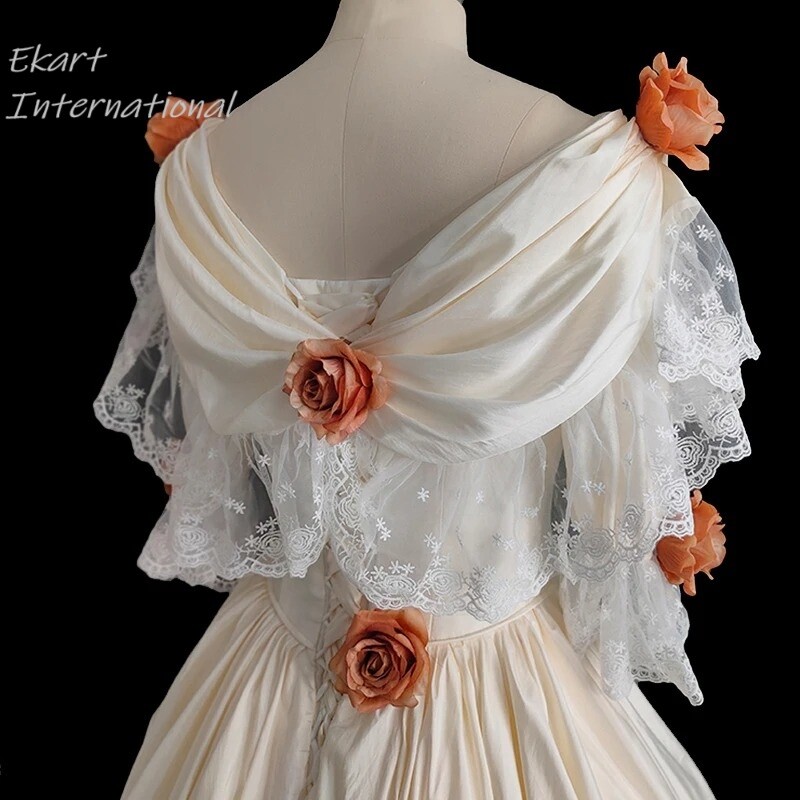 Vintage French white Satin orange rose v neck flower lace short flare sleeve