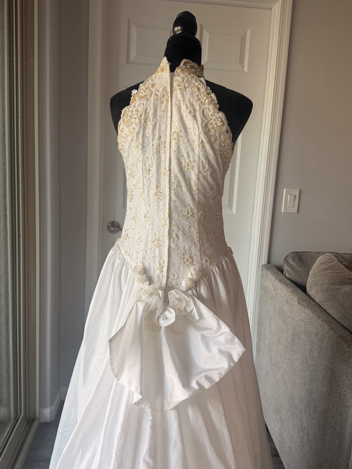 S.L. Fashions White Gold Beaded Embroidered Halter A-Line Wedding Dress Size