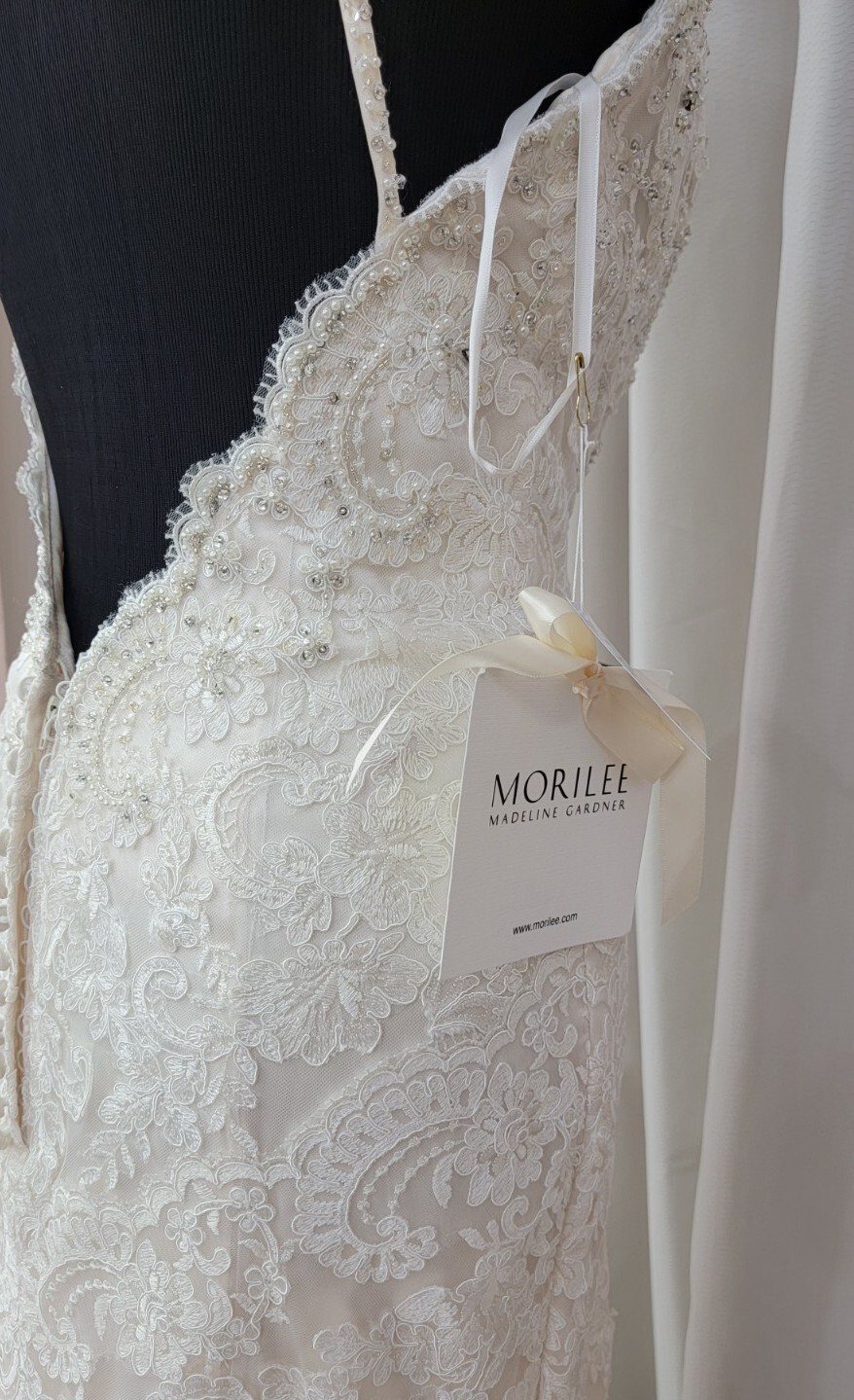 Blu Morilee Bridal 5415 Wedding Dress Sheath Fit Flare Fitted Beach V Neck Lace