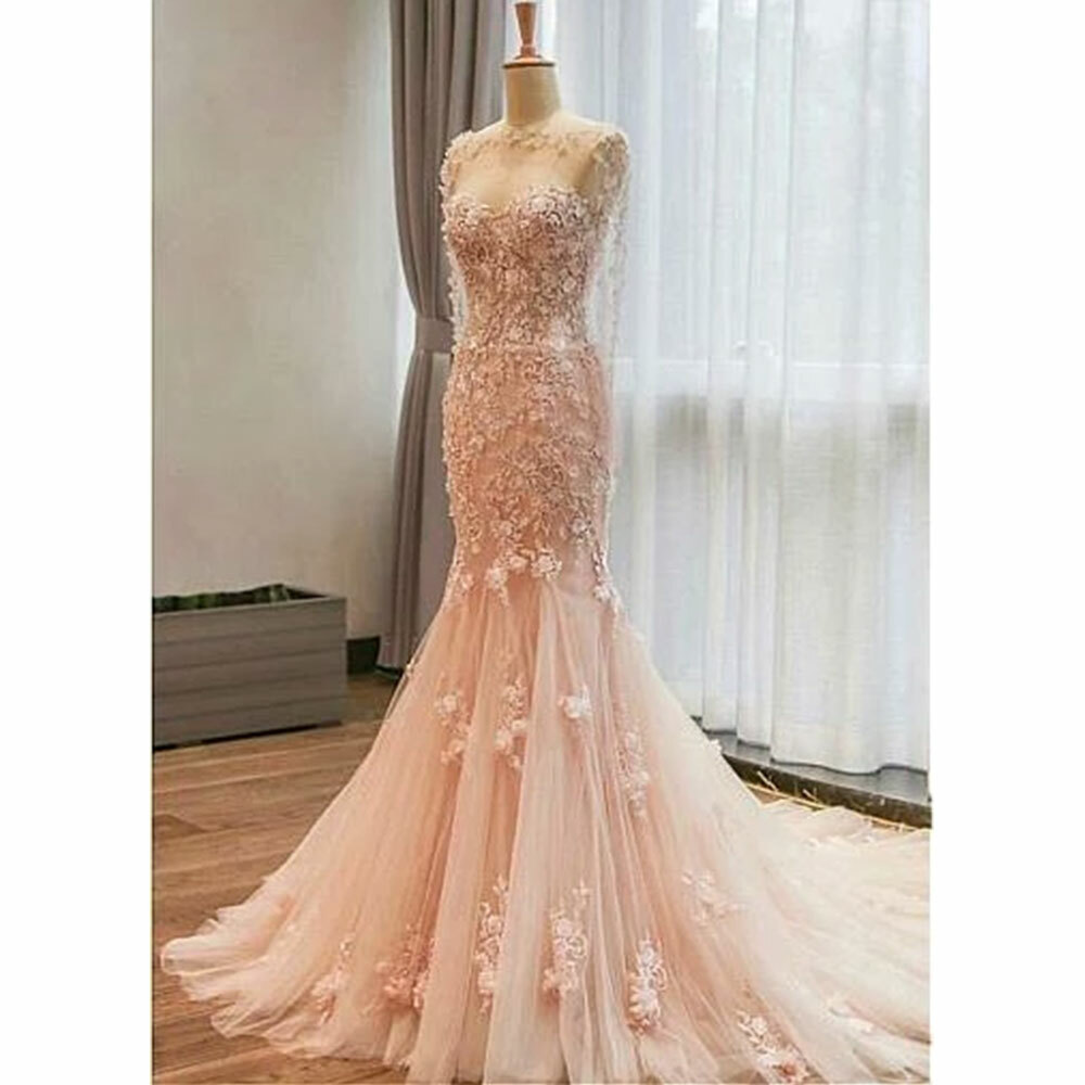 Blush Pink Mermaid Wedding Dresses Sleeveless 3D Floral Appliques Bridal Gowns
