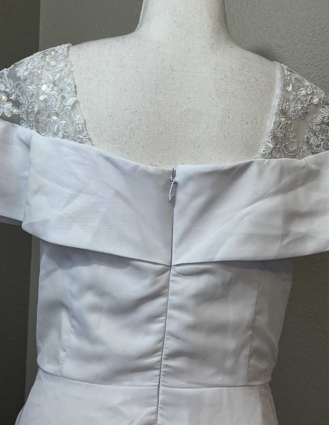 #42-7 White Square Neck Lace Beaded Sequin Wedding Dress Full Length Zip Lrg 14