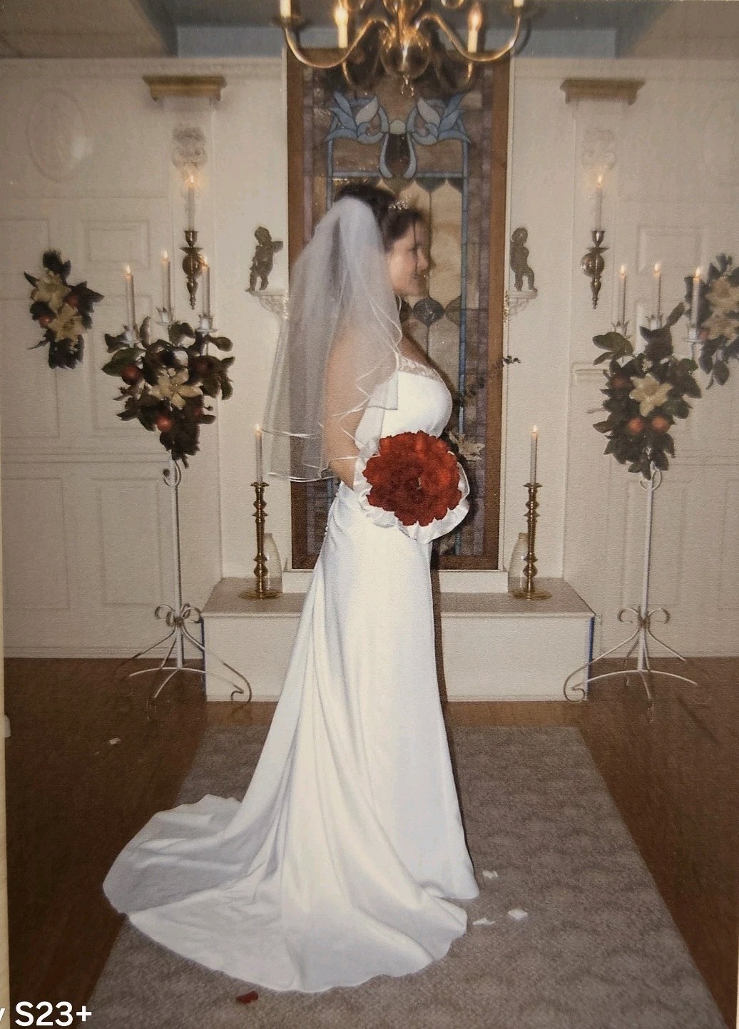 Vintage 2004 Ivory Bridal Gown Illusion Back Covered Buttons Chapel Train Sz 10