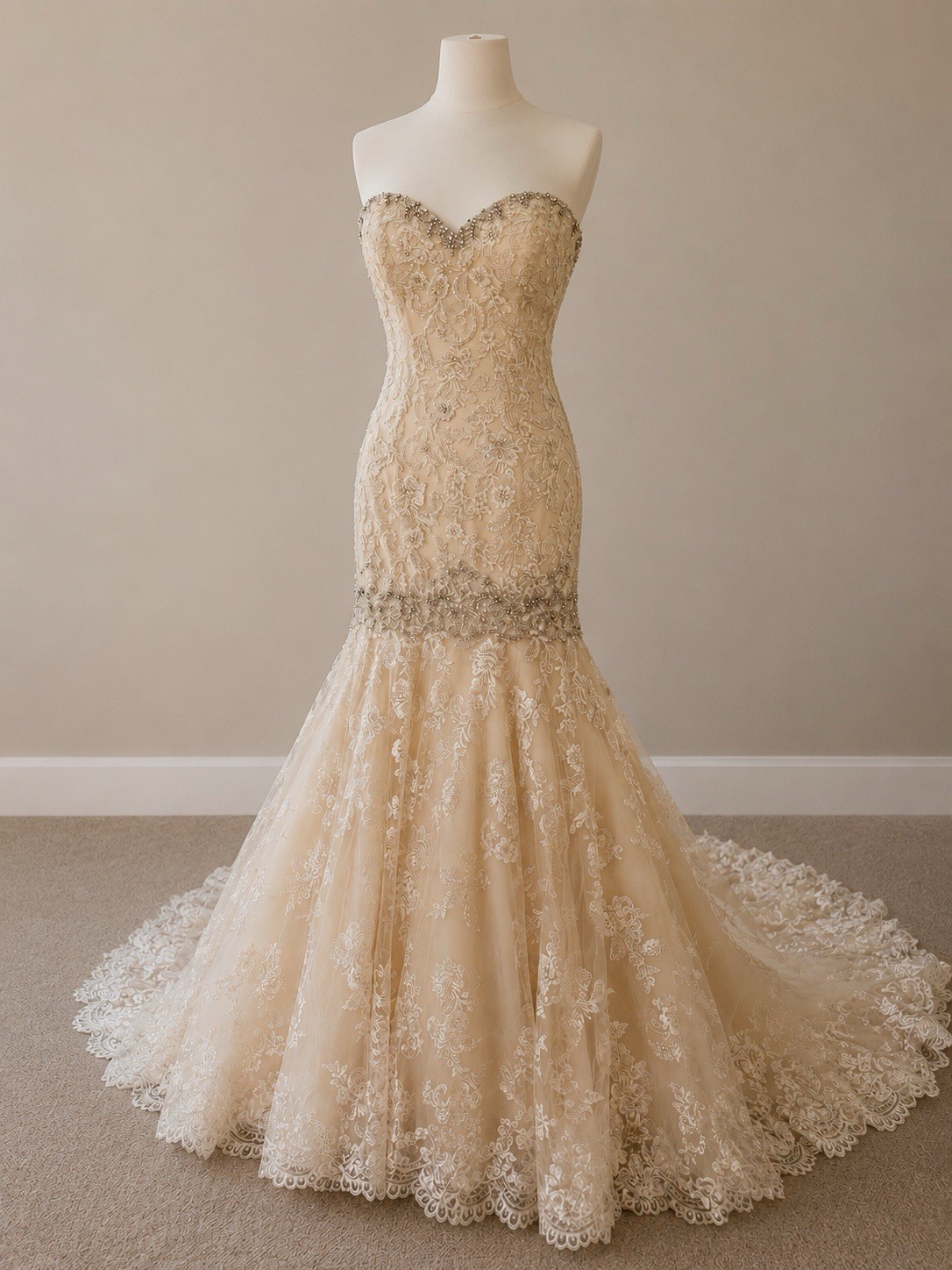 Allure Bridals Strapless Mermaid Wedding Dress Champagne Ivory Beaded Lace