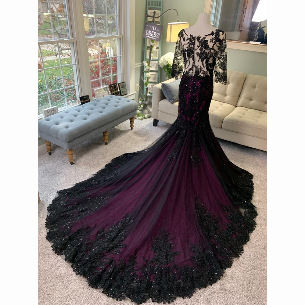 Black Purple Gothic Mermaid Wedding Dresses with Sleeves Sequin Lace Bridal Gown