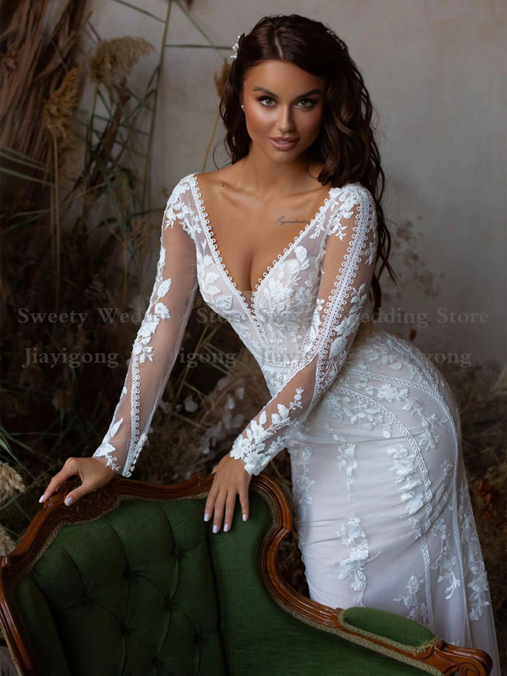 Classic Lace Mermaid Wedding Dress Sexy Double V Neck Long Sleeves Appliques