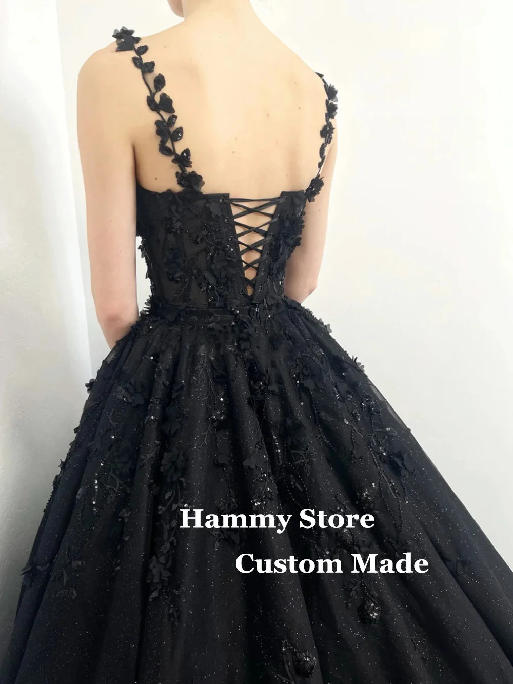 Luxury Black Wedding Dress Customiz Spaghetti Straps Sweetheart Sparkling Flower