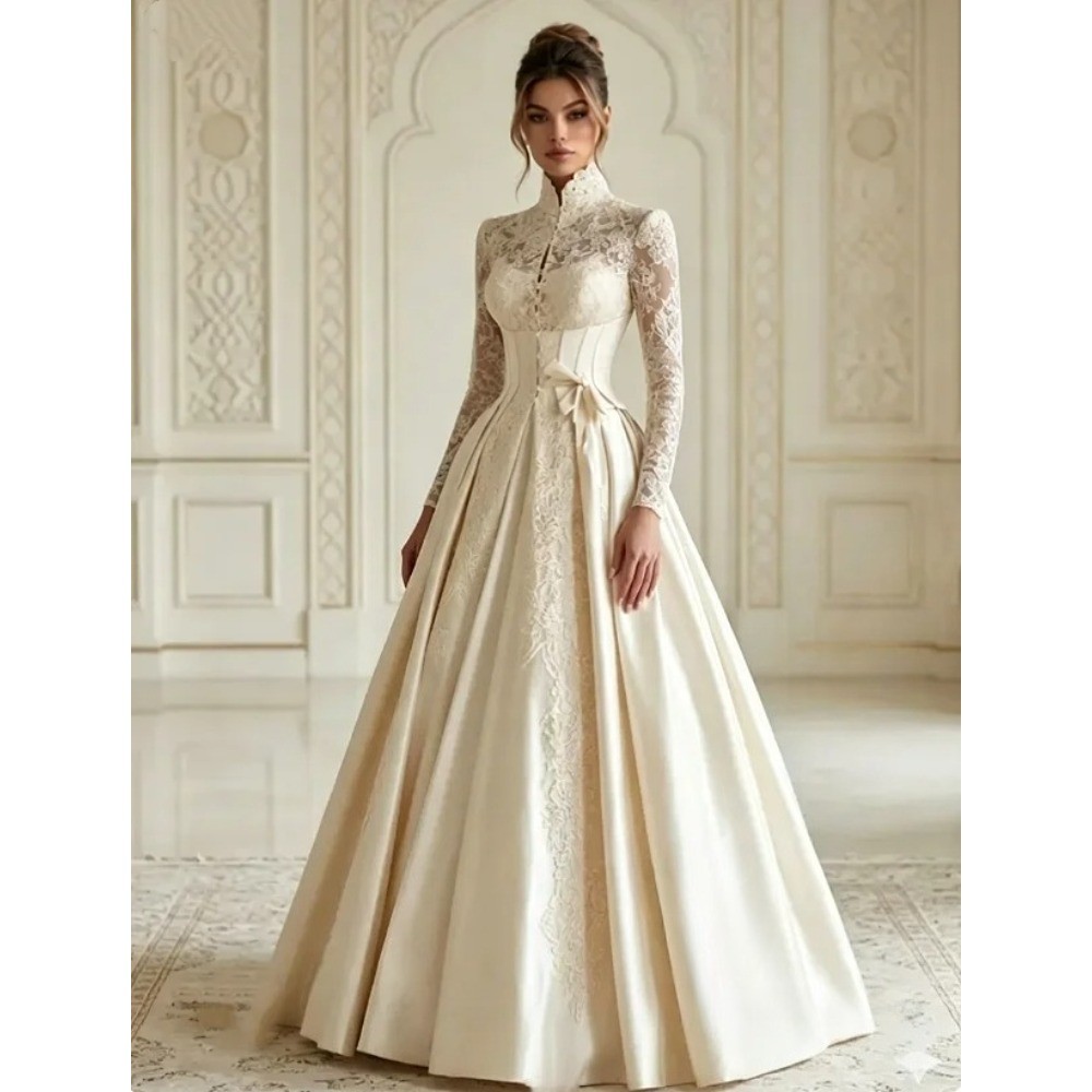 Champagne Satin Wedding Dresses High Neck Lace Long Sleeve Victorian Corset Gown