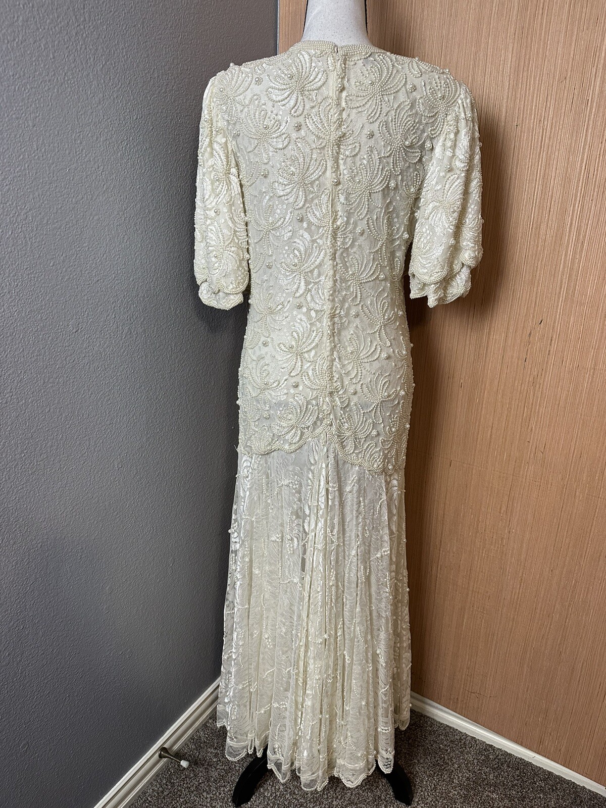 Laurence Kazar 80’s White Lace Heavily Beaded Pearl Wedding Dress, Size Medium