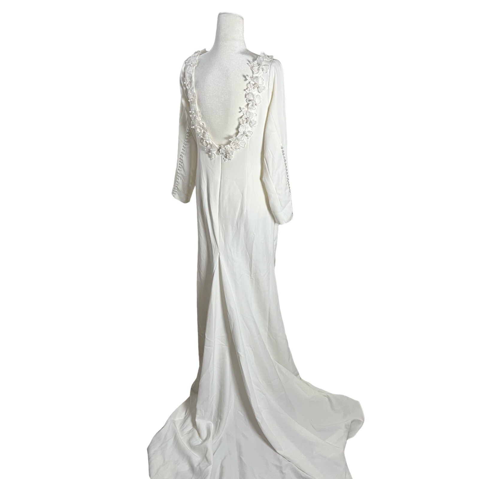 Vintage 1990s Long Sleeve Wedding Dress with Plunging Back and Pearl Buttons