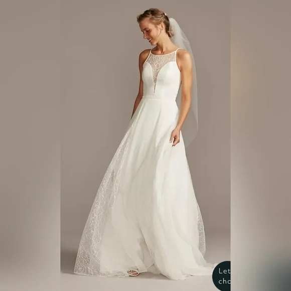 New DB Studio High Neck A-Line Wedding Dress Soft White Lace Size 14