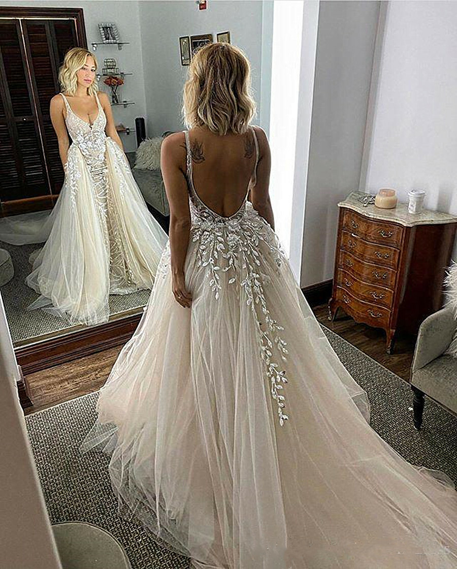 Champagne V Neck Wedding Dresses with Detachable Train Backless Bridal Gown-*–