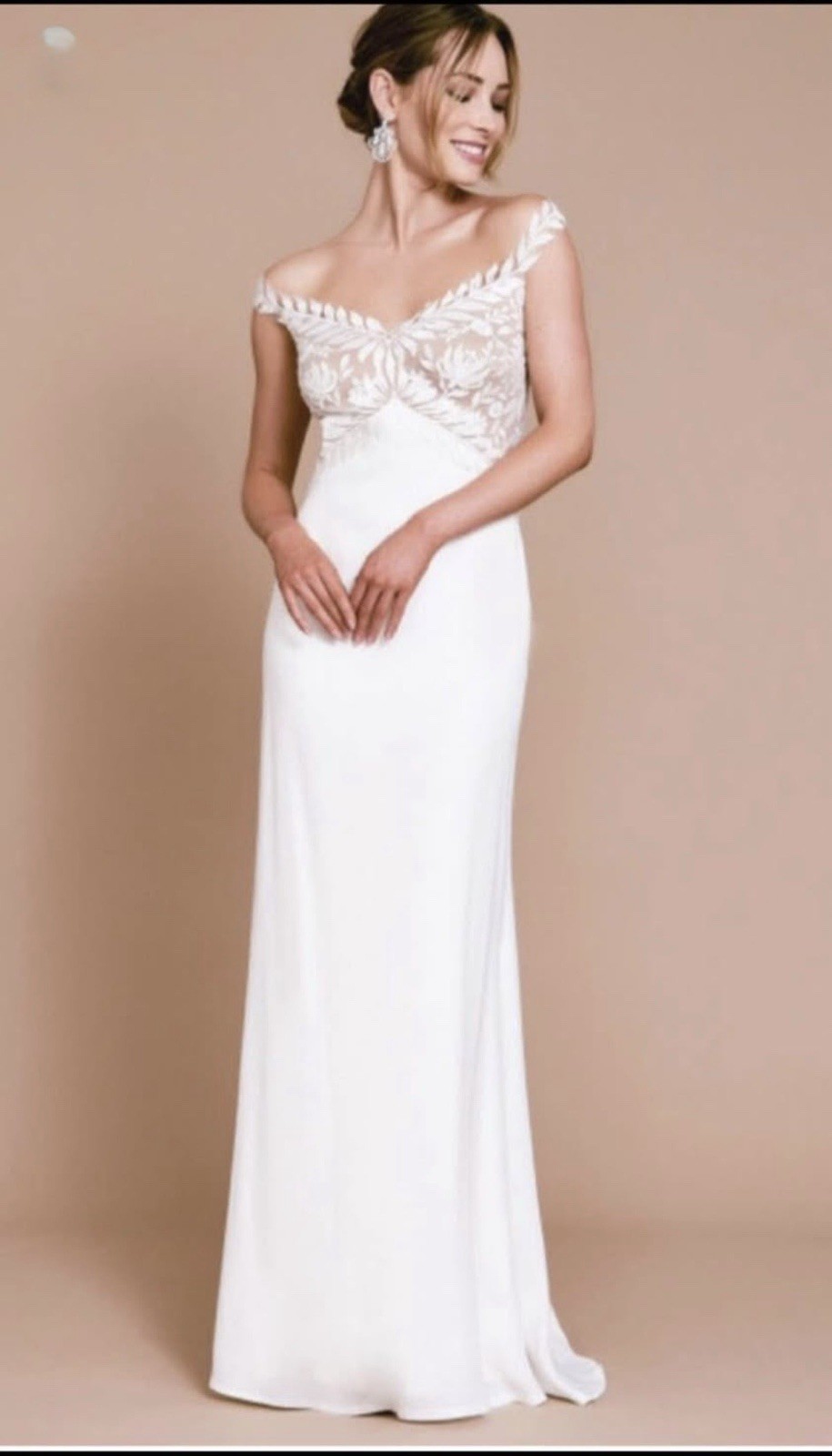 Ivory Off-the-Shoulder Portrait Lace Embroidered Cap Sleeve Sheath Dress