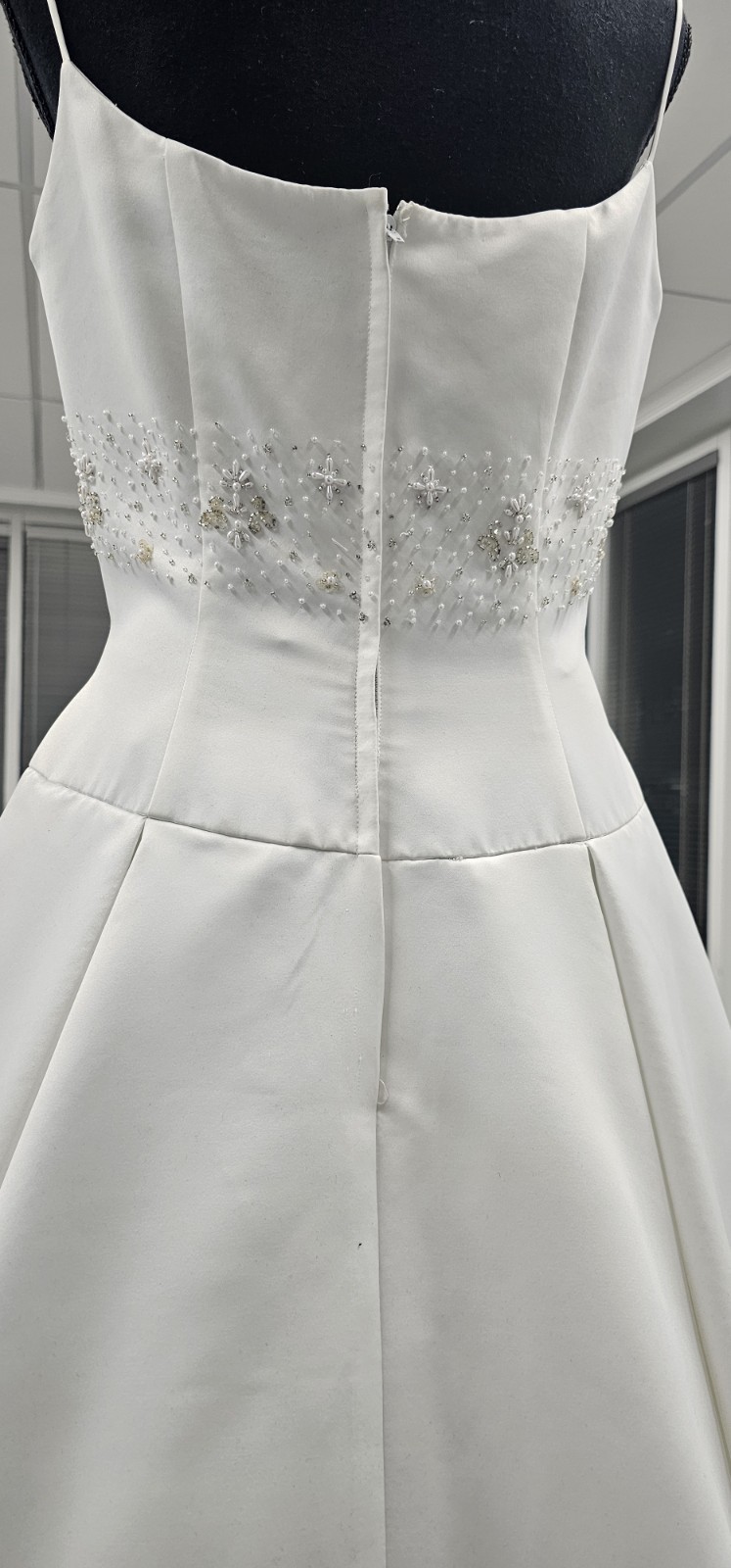 I-611 White Satin, Low Scoop Neckline, Box Pleats Floor Length Wedding Dress