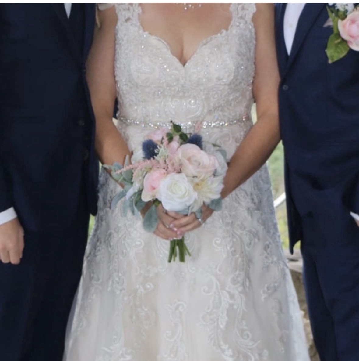David’s Bridal Petites 12 Ivory/Champagne Lace Sweetheart Cap Sleeve Button