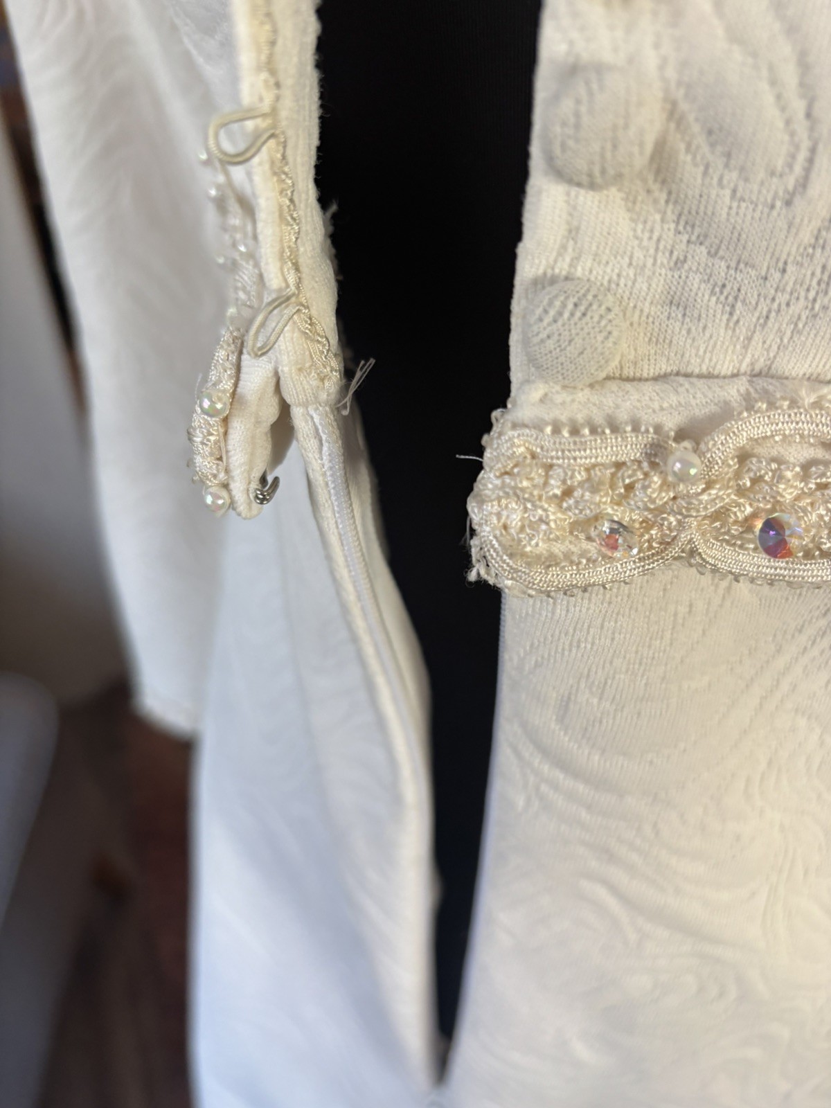 Vintage MCM 1960s Ivory Jacquard Wedding Dress bridal beaded Lace bell sleeves