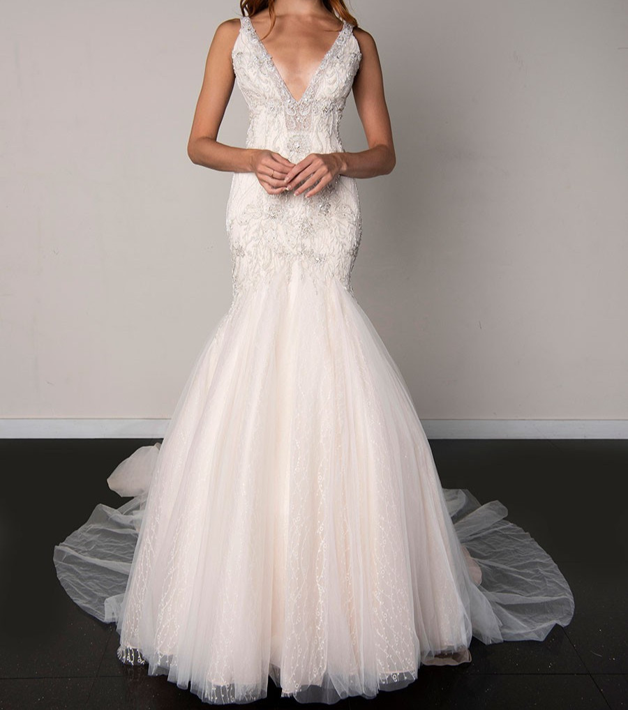 Victor Harper 441 Wedding Dress 10 Ivory Tulle Bling Mermaid Romantic Train