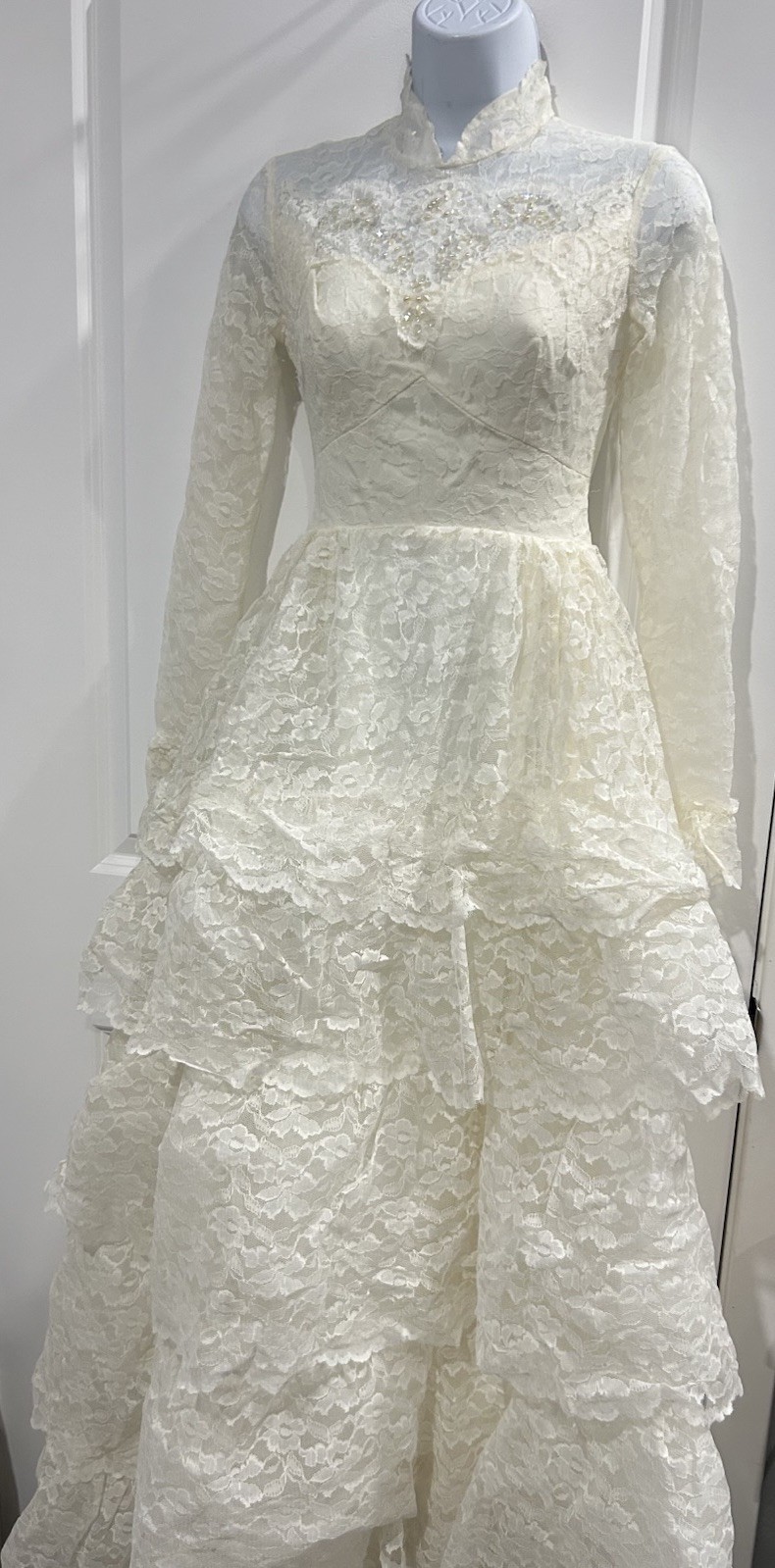 Ivory Lace Long Sleeve High Neck A-Line Wedding Dress with Beading and Ruffles