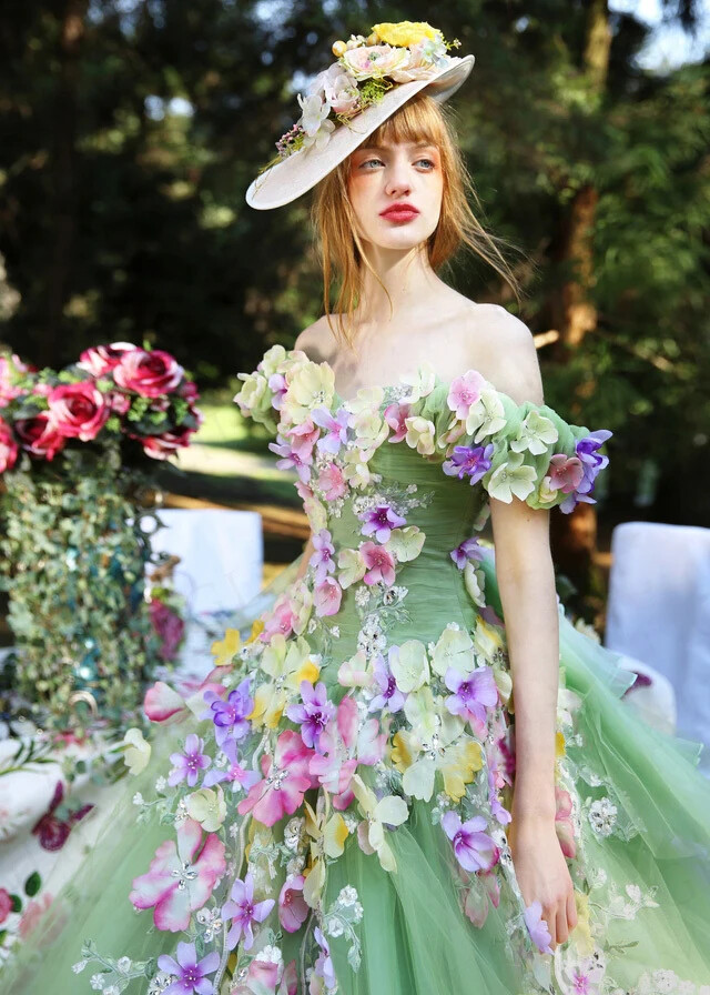 Floral Fluffy Tulle Fairy Wedding Dresses Lace Up Back Bridal Gowns 3D Flowers