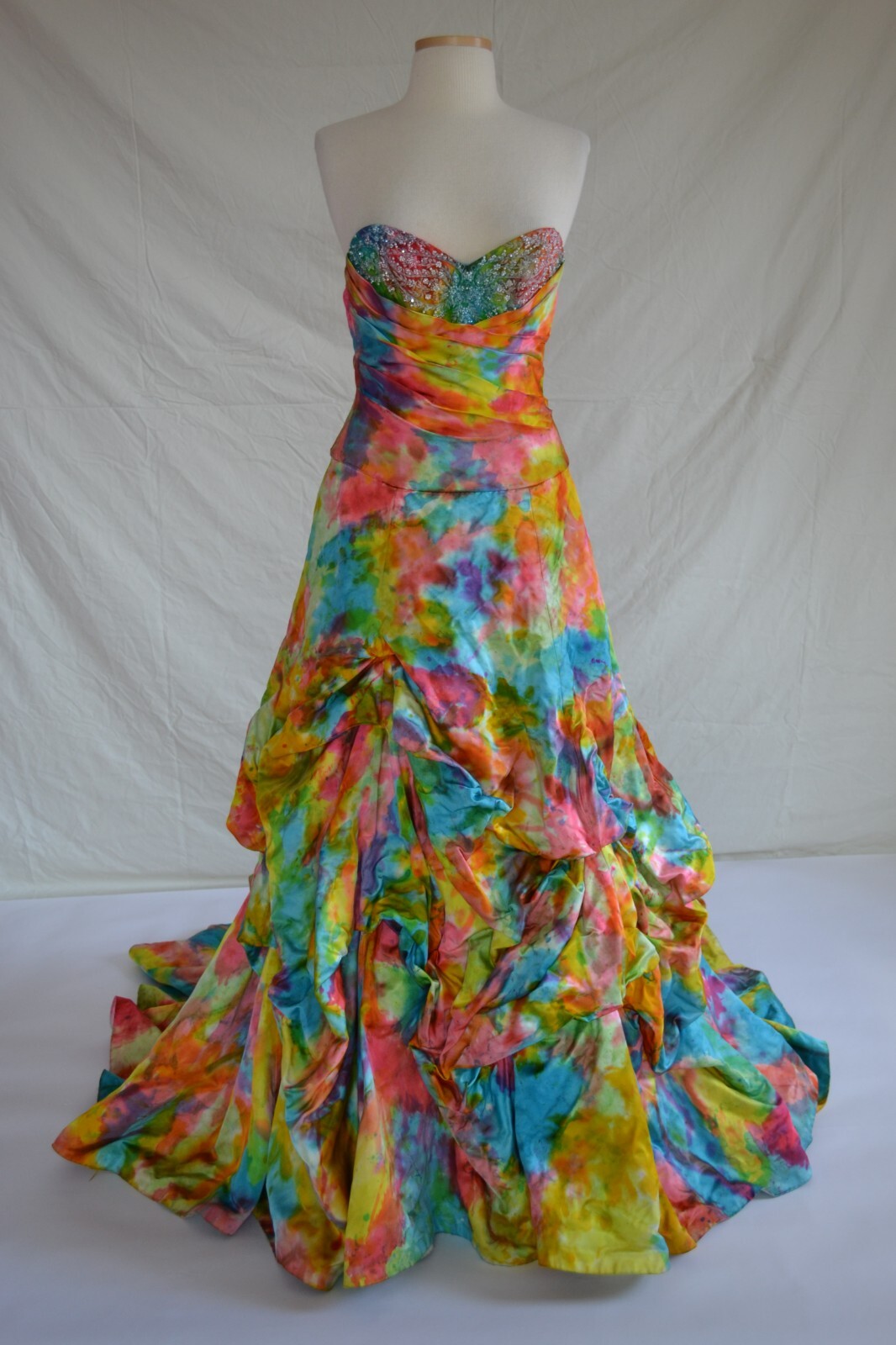 NEW silk Bohemian Wedding Dress destination beach Blue pink white tie dye gown M
