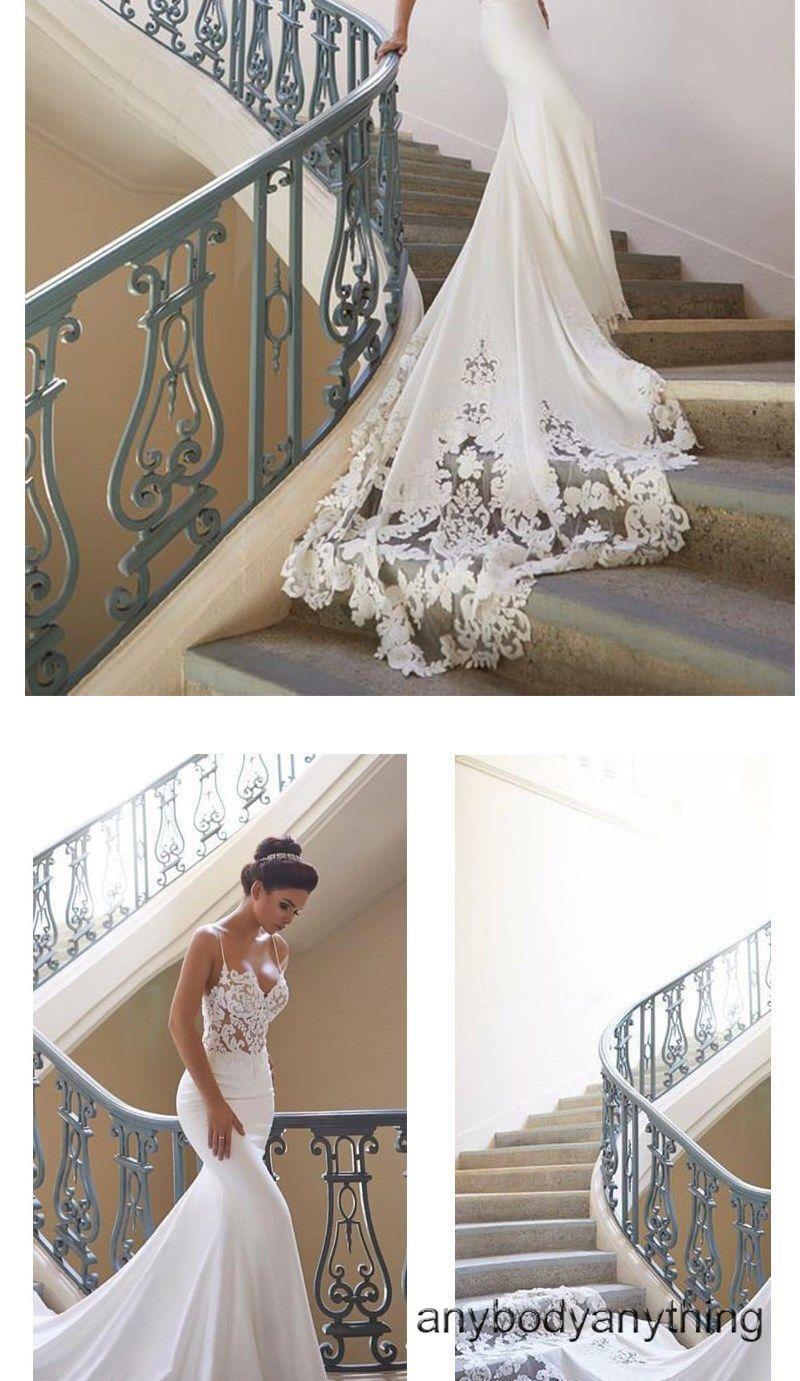 Spaghetti Strap Wedding Dresses Mermaid Train Bridal Gown Lace Satin White Ivory