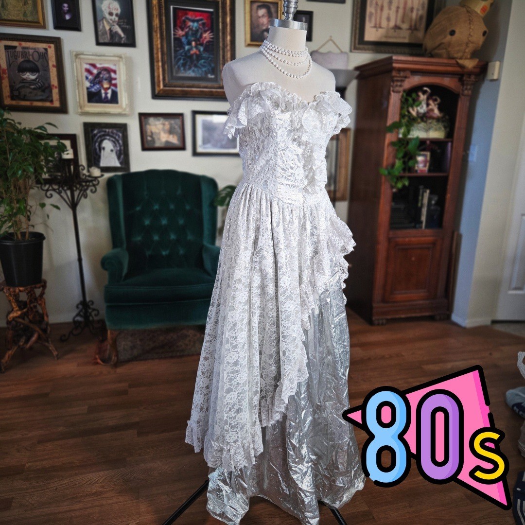 Vintage 80s Lace Off Shoulder Wedding Dress Silver Overlay Ruffles Formal Gown