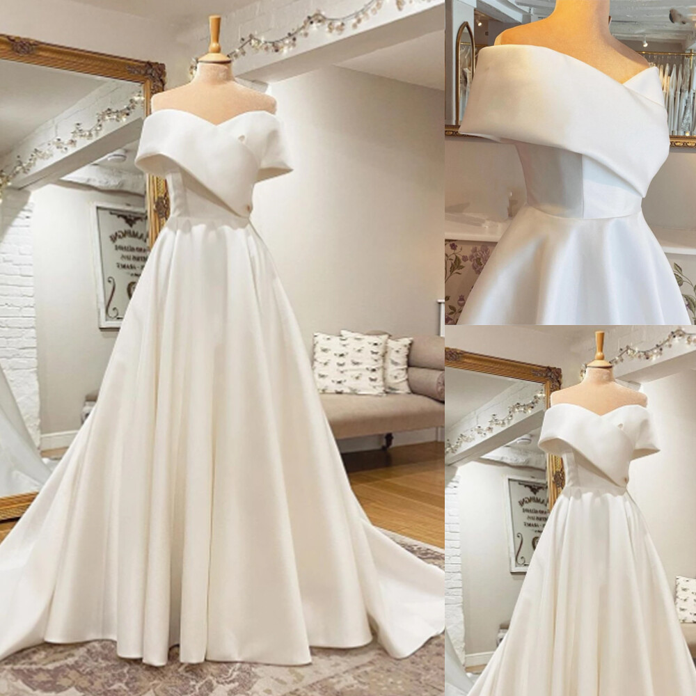 Simple Off the Shoulder Wedding Dresses A Line Satin Off Shoulder Bridal Gowns