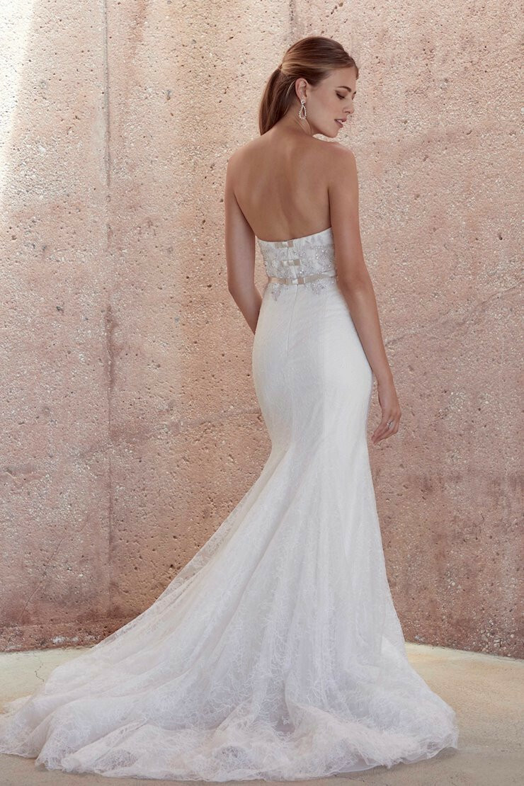 Watters Brides Wedding Dress 8-10 Ivory Sheath Lace Bling Ribbon Crawford 68105E