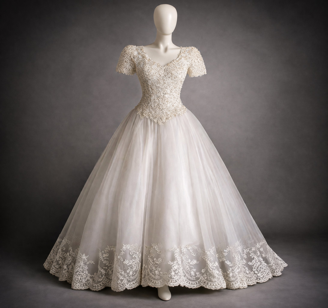 Vintage Beaded Lace Wedding Dress Sz 4 Bridal Set w/ Veil Headpiece & Petticoat