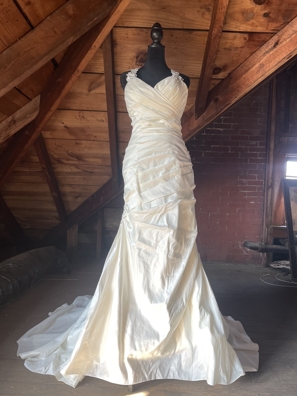 Off White or champaine color roush dress with lace straps and t shape back