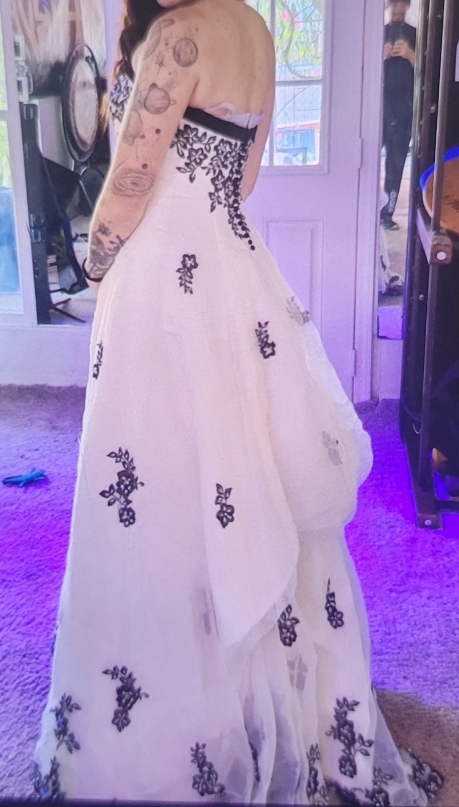 White and Black Embroidered Strapless Gown Wedding Dress with Train
