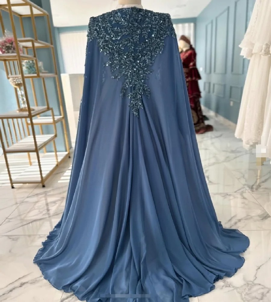 High Neck White Chiffon Wedding Dresses Navy Beaded Cape Formal Bridal Gowns