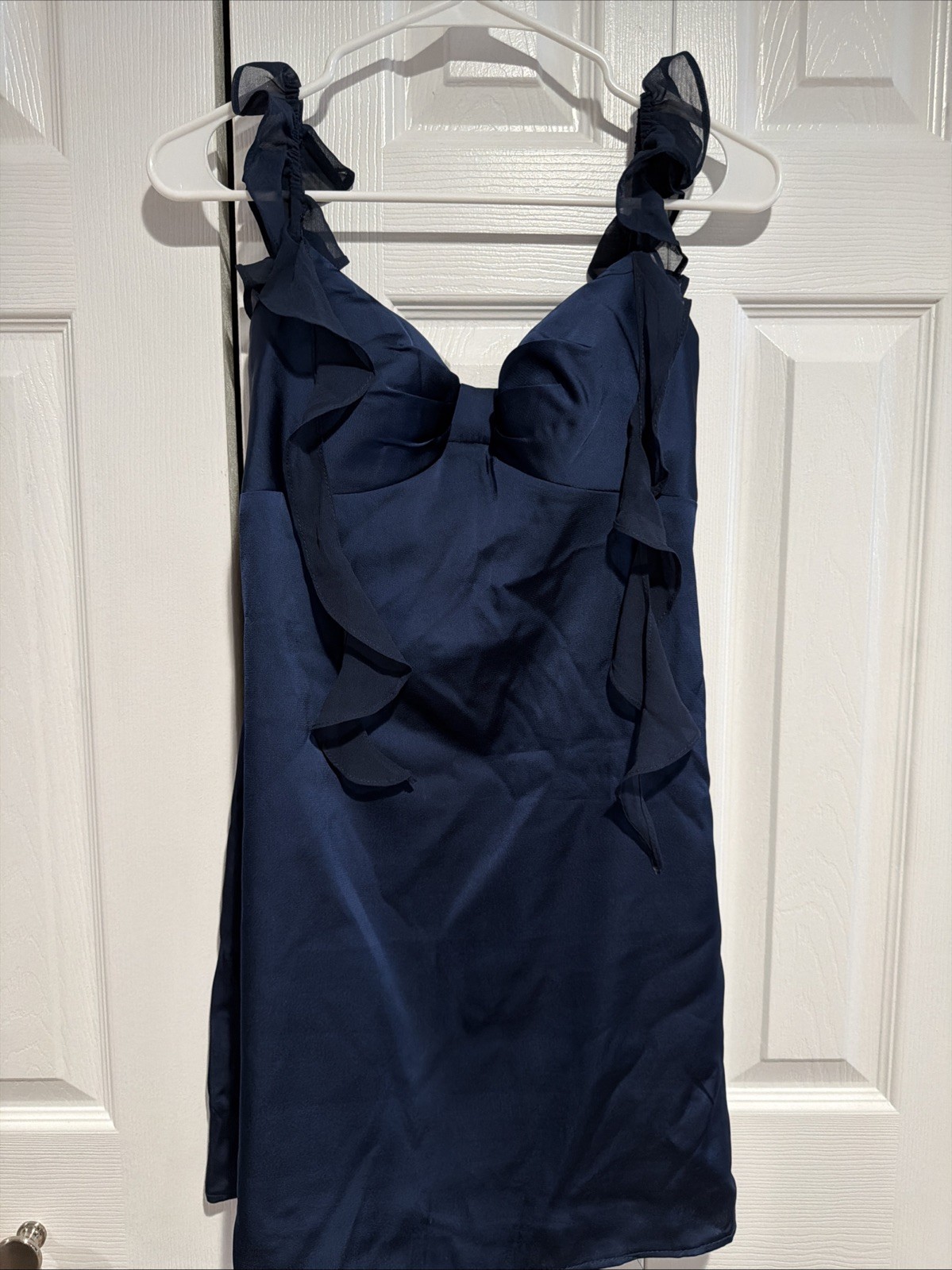 Navy Blue Satin Off Shoulder Ruffle Bow Dress Style Size 2 HOCO Formal Turnabout