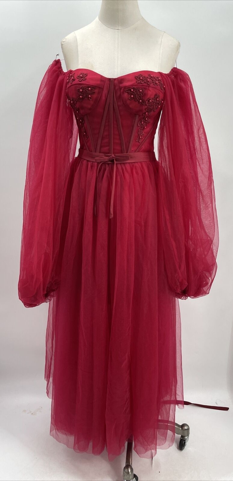 Women’s RED Embroidery Beaded Off Shoulder Long Sleeve Back Laced Tulle Gown ~2