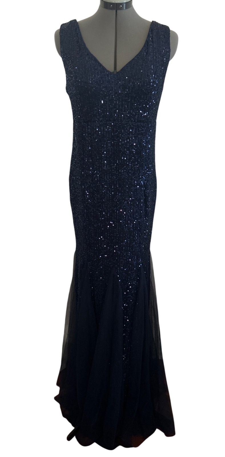 AARFAR Navy Blue Sequin Tulle Gown 2XL Sleeveless V-Neck Full-Length RUNS SMALL