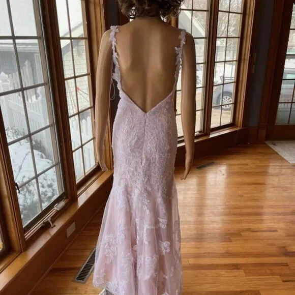 * Pink Spaghetti Strap White Lace Flared Wedding Gown Bridal Dress Size 4 6