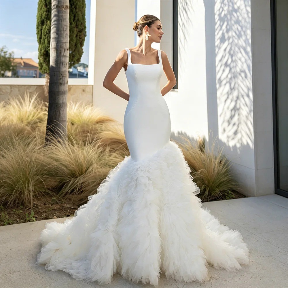 Mermaid Wedding Dress Sleeveless Square Neck Open Back Ruffles Tulle Bridal Gown