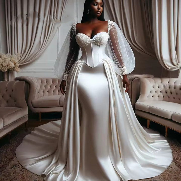 Elegant Satin Puff Sleeves Luxury Wedding Dresses African Bridal Gowns Beads