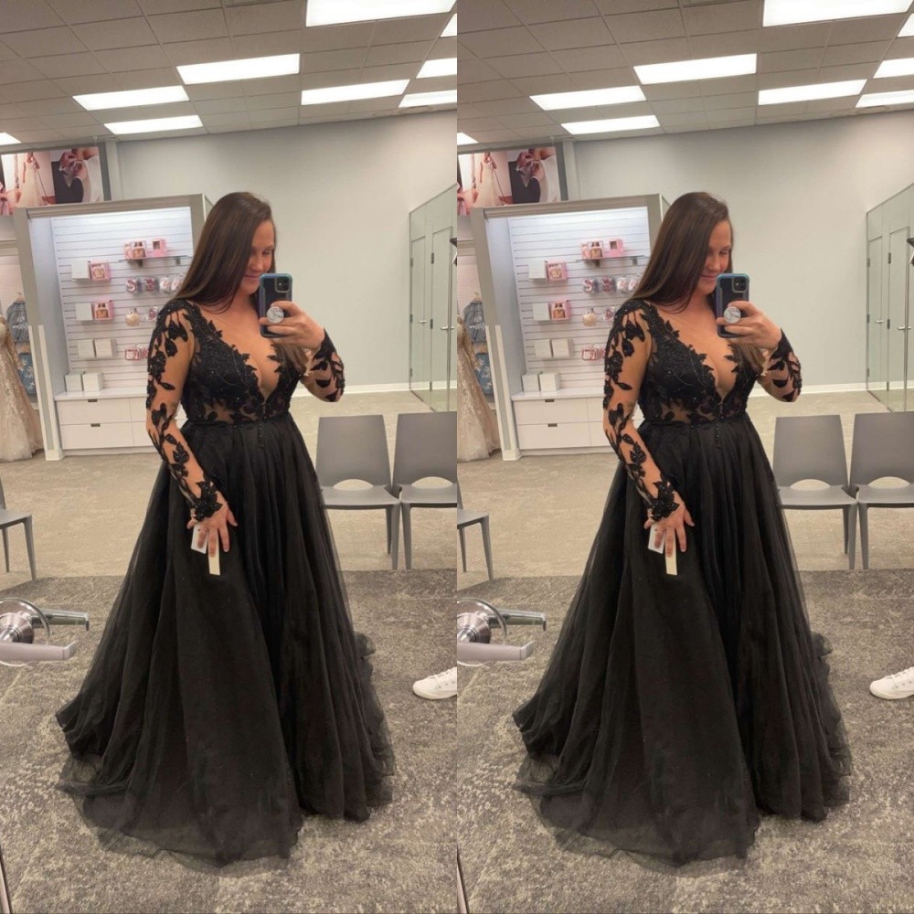 Black Wedding Dresses Deep V Neck Long Sleeves Gothic Bridal Gown Floor Length