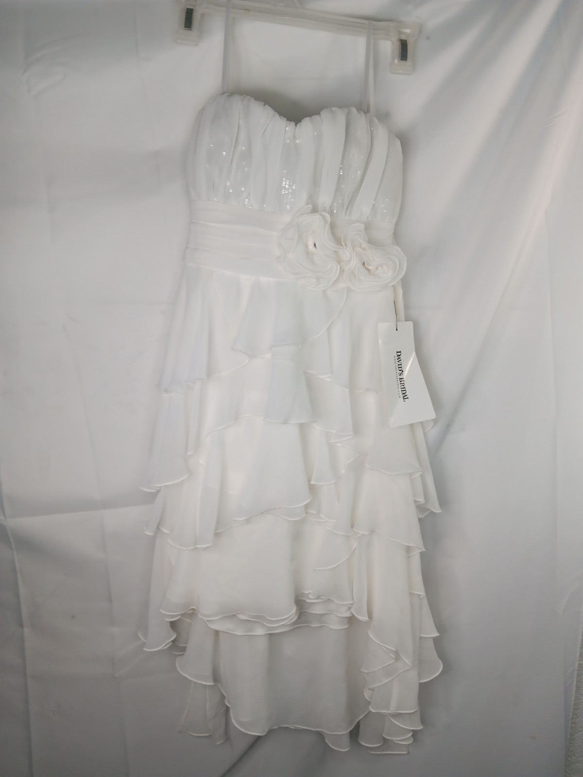 David’s Bridal Ivory Ruffle High Low Sequin Strapless Wedding Dress Women 4 NWT