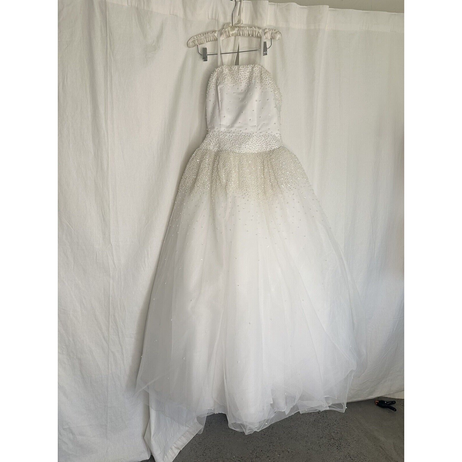 Oleg Cassini Women’s 8 Dress White Satin Wedding Beaded Bodice & Tulle Skirt